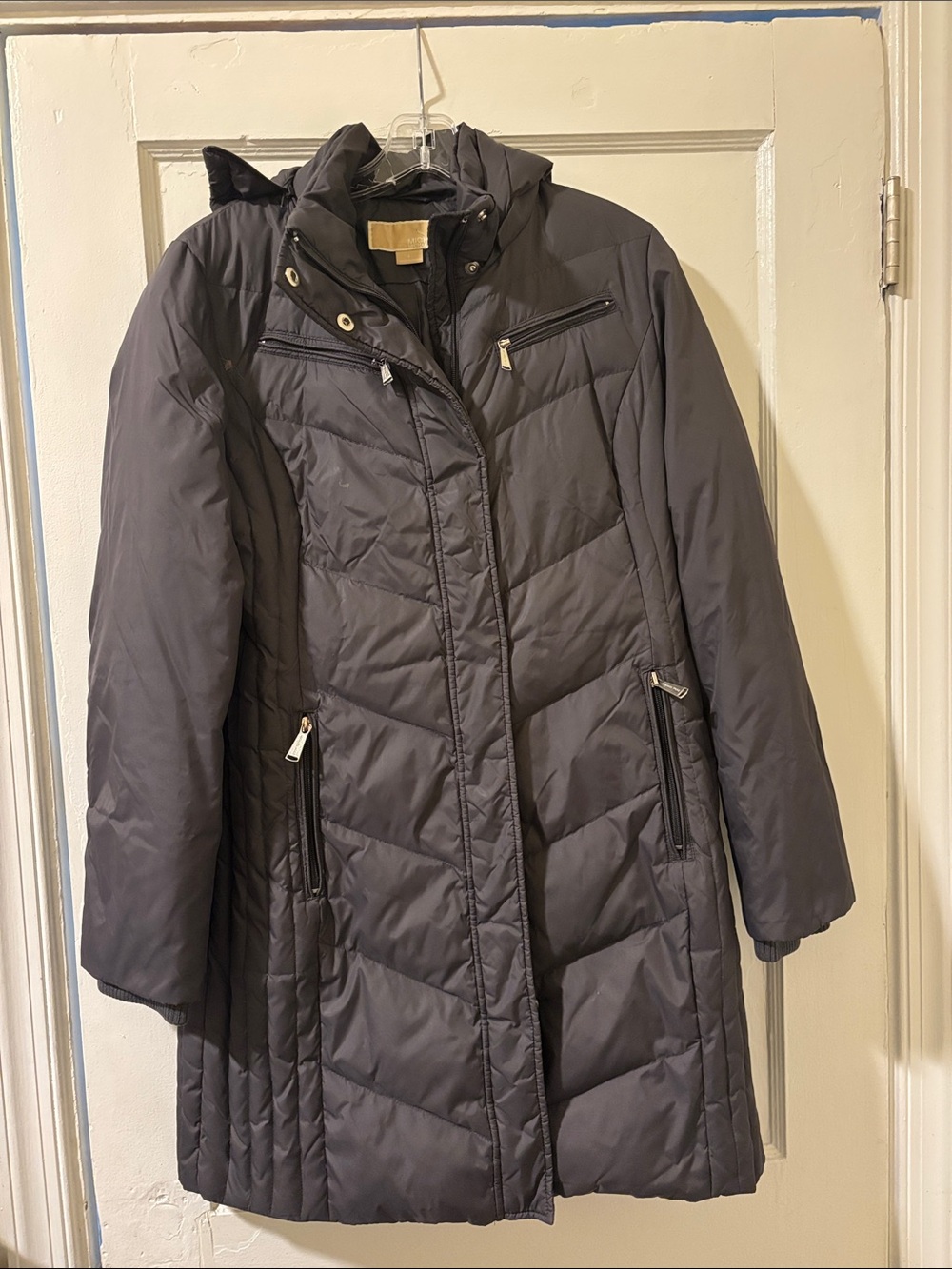 Michael Kors Dark Gray Quilted Long Puffer Coat with Hood
